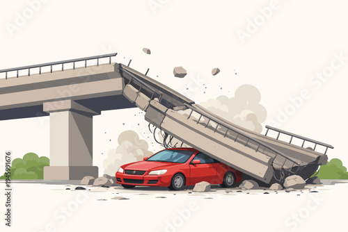 Flat vector illustration of a red car crushed under a collapsed elevated concrete bridge overpass, depicting a dramatic disaster scene with falling debris, rubble, dust clouds, and destruction.