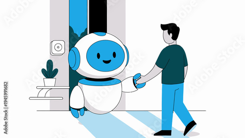 Friendly Robot Greets Man vector illustration