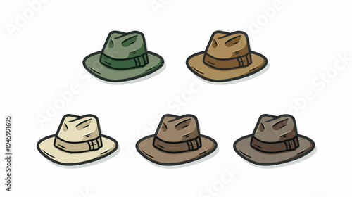 Stylized illustration of five fedora hats in various neutral colors, isolated on white background