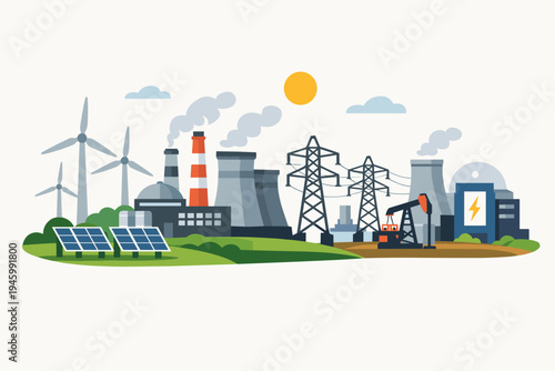 Flat Vector Illustration of Diverse Energy Production Sources Including Wind Turbines, Solar Panels, Nuclear Power Plant, Oil Rig, and Electricity Pylons Representing Global Power Industry Growth.