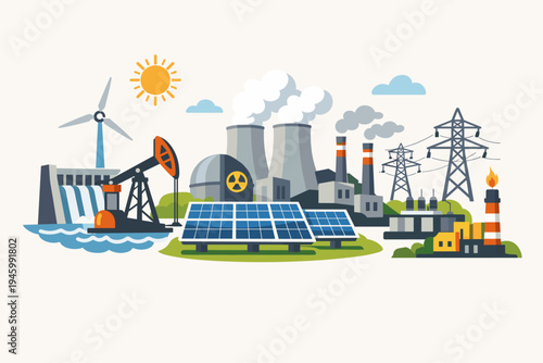 Flat vector illustration of global energy production sources including solar panels, wind turbines, nuclear power plant, hydroelectric dam, oil pump, and electrical grid for power industry.