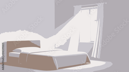 Sunlight Streams Into A Bedroom With An Unmade Bed And Blowing Curtains vector illustration
