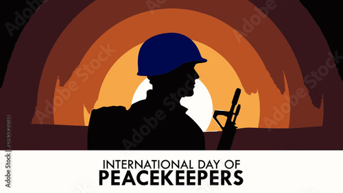Silhouette of a Peacekeeper in Helmet with Radio Against Fiery Background vector illustration