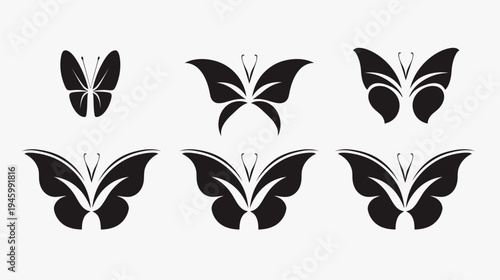 A collection of six stylized butterfly designs in black on a white background. Each varies in size