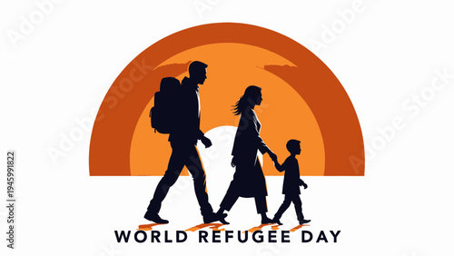 World Refugee Day Silhouette of Family Walking Towards Sunset vector illustration