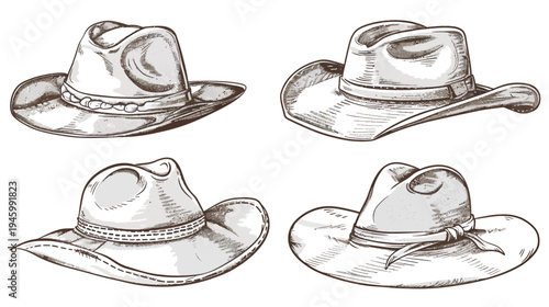 Four detailed illustrations of cowboy hats, each showcasing different designs and details