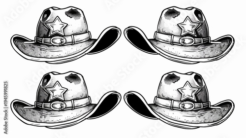 Four monochrome illustrations of cowboy hats, each with a star emblem and belt