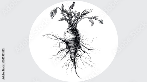 Artistic black and white illustration of a beet. Features a detailed drawing of the root vegetable, leaves, and roots