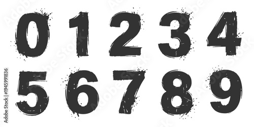 Grunge Black Ink Numbers Set 0-9 with Paint Splashes and Texture on White Background