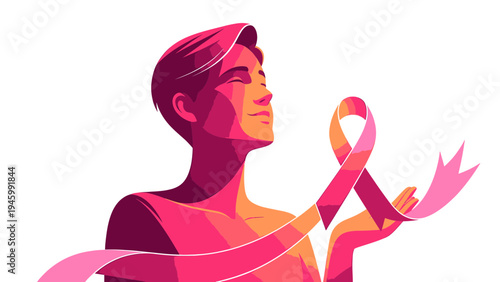 Hope And Strength Person With Pink Ribbon vector illustration