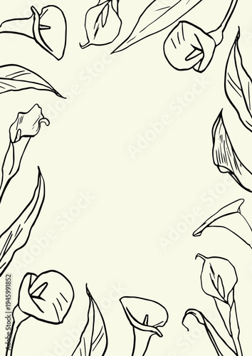 Bild auf Leinwand Hand drawn calla lily border frame, scattered callas with leaves on cream backgr
