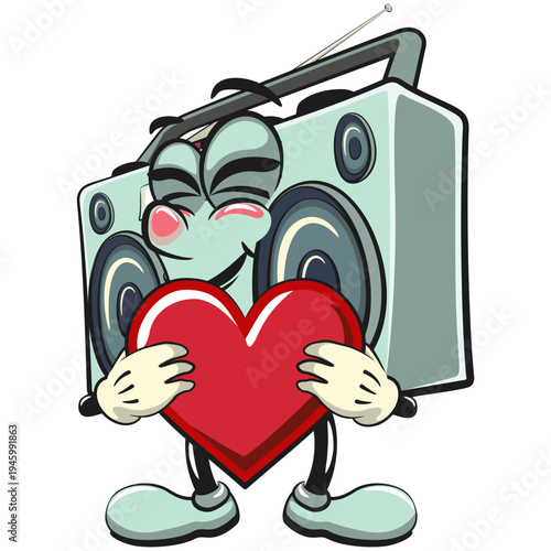 cute retro boombox radio mascot character hold the heart with love with smiling, isolated vector illustration, work of hand drawn