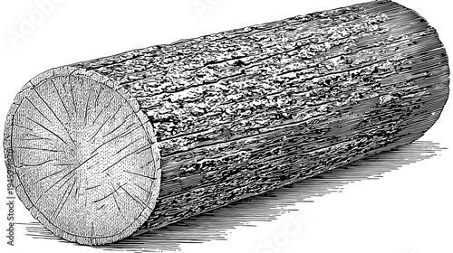 A detailed, monochrome illustration of a cut tree trunk, showing the cross-section and bark