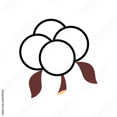 Cotton plant with white bolls and brown leaves in a simple design close to a plain background
