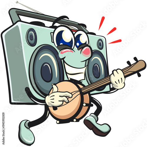 cute retro boombox radio mascot character playing the banjo musical instrument with smiling, isolated vector illustration, work of hand drawn