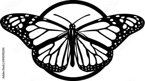 A stylized black and white illustration of a butterfly within a circular frame, wings spread