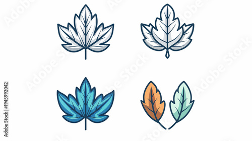 A collection of four stylized leaf illustrations in different color variations on a white background