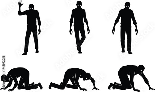 Collection, of, zombie, silhouettes, in, various, walking, and, crawling, poses, for, horror, halloween, design, black, vector, illustration, icons, set, isolated,