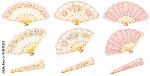 A watercolor collection of pink lace hand fans with roses for vintage wedding decor, romantic invitations, feminine branding, and elegant floral designs