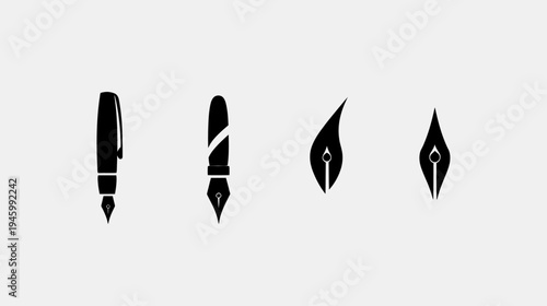 A collection of four black ink pen designs on a light gray backdrop, minimalist and clean