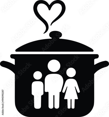 Cooking Pot with Family Silhouette and Heart Steam Icon Representing Home Cooked Meals Healthy Nutrition Family Bonding Love and Domestic Kitchen