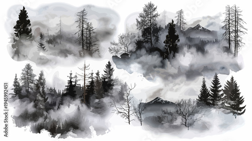 Artistic black and white forest scene with misty mountains and diverse trees