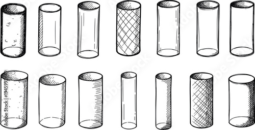A collection of various cylindrical shapes on transparent background