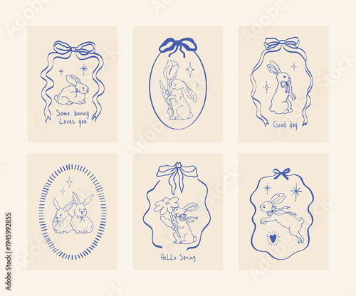 Cute Bunny rabbit poster templates. Trendy coquette wavy frames border with ribbon bow
