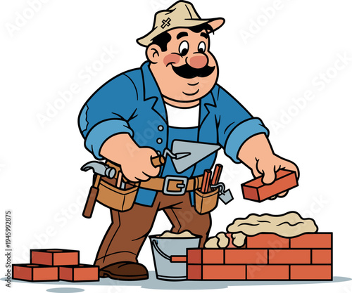 A cartoon construction worker building a brick wall on transparent background