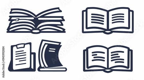 Illustration of reading material icons open books and documents in dark blue