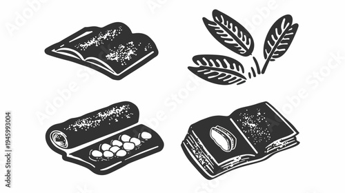 Illustration of open books, rolled food item, and leaves in monochrome linocut style