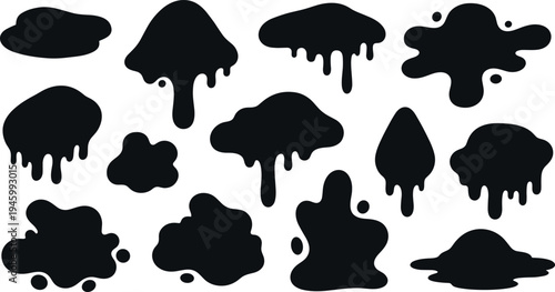 A collection of black ink blotches on transparent background