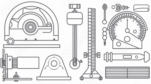 A technical line art illustration depicting various measuring instruments and scientific tools