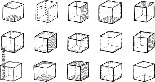 Multiple 3D cube illustrations with various shading techniques on transparent background