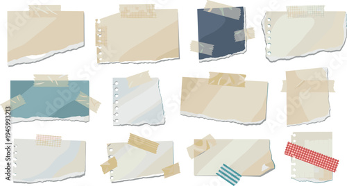 A collection of torn paper notes on transparent background with tape