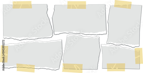 A collection of torn paper notes held together with tape on transparent background