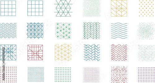 A collection of colorful geometric patterns on transparent background