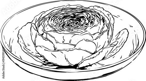 A detailed, grayscale line drawing of a round dish filled with a head of cabbage, with layered leaves
