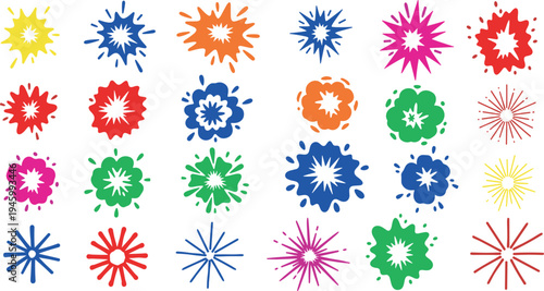 A collection of colorful paint splatter designs on transparent background