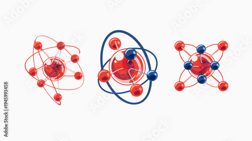 Three abstract illustrations of atomic structures with vibrant red and blue color schemes on white