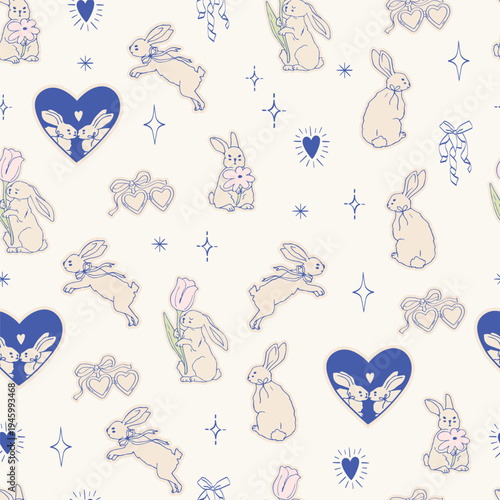 Bunny. Cute coquette bunny rabbit hare doodle drawings line art. Seamless pattern
