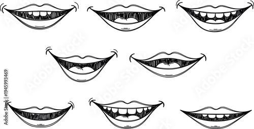 A set of nine different smiling mouths with teeth on transparent background