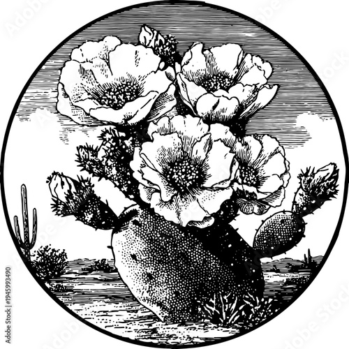 Black and white illustration of cactus in bloom, enclosed in a circle, depicting a desert scene