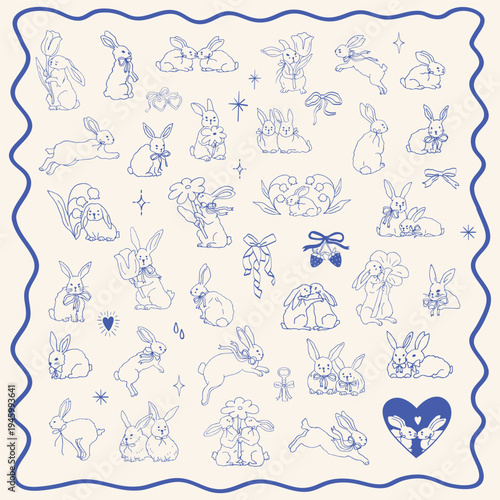 Bunny rabbit doodles line art drawings. Outline bunny cute tattoo style art.