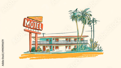 Retro illustration of a roadside motel with vintage sign and palm trees, capturing nostalgic travel and a classic American road trip aesthetic