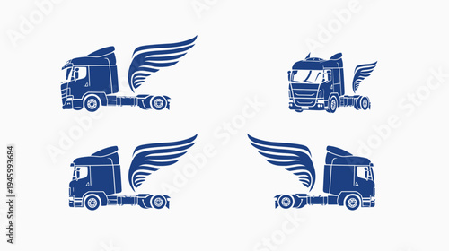 Four stylized blue semi-truck silhouettes with stylized wings, set against a stark white backdrop