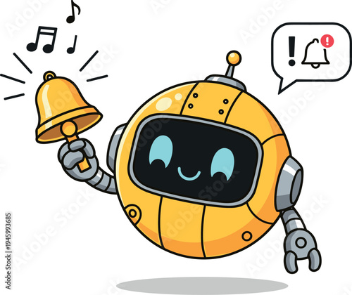 A cheerful cartoon robot ringing a bell on transparent background