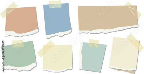 A collection of torn paper notes on transparent background