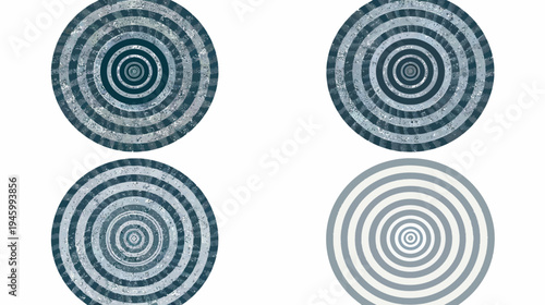 Four circular patterns with concentric circles in a gradient of colors on white background