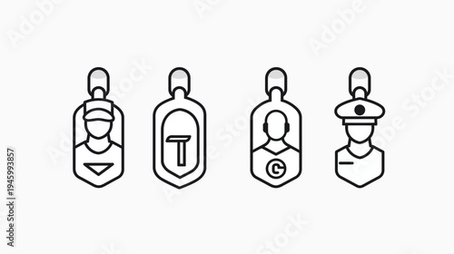 Four outline icons depicting different figures in pendant shapes, isolated on white